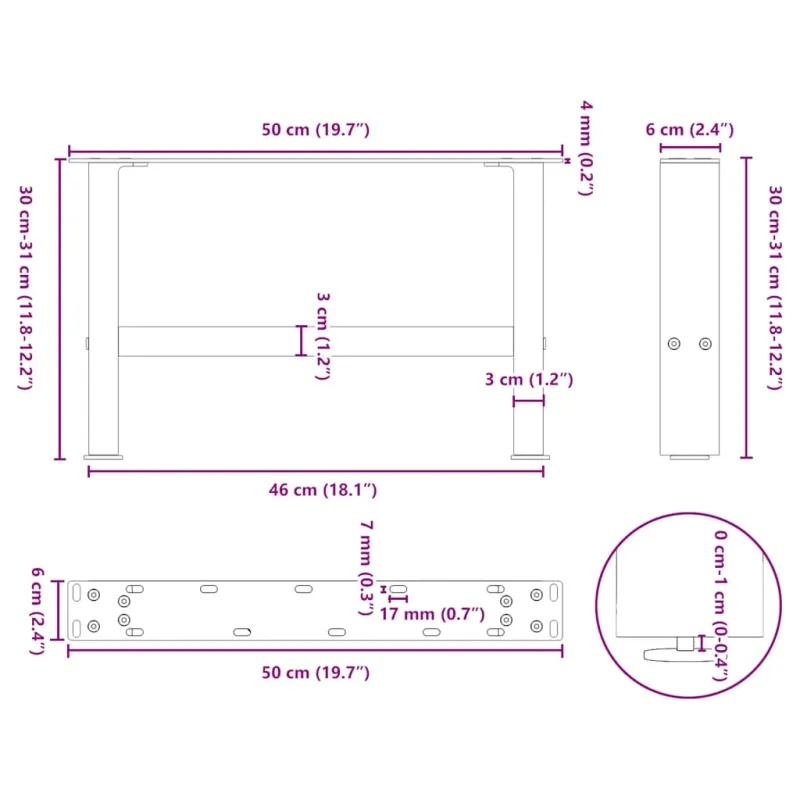 Kavos staliuko kojelės, 2 vnt., 50x(30-31) cm, natūralus plienas