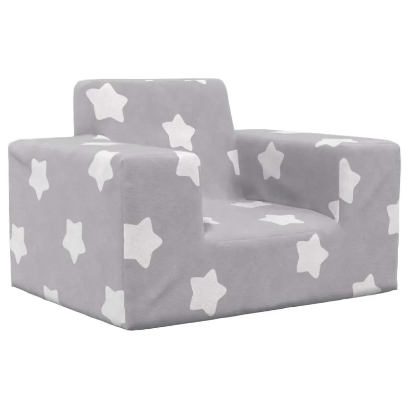 Vaikiška sofa, šviesiai pilka, minkštas pliušas, su žvaigždėmis