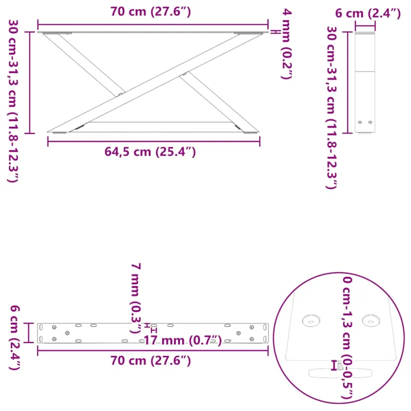 Kavos staliuko kojelės, 2 vnt., juodos, 70x(30-31,3) cm, plienas