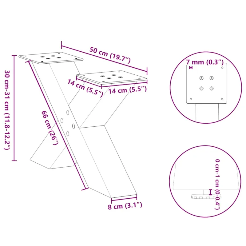 Kavos staliuko kojelės, X formos, 2 vnt., baltos, 50x(30-31) cm, plienas