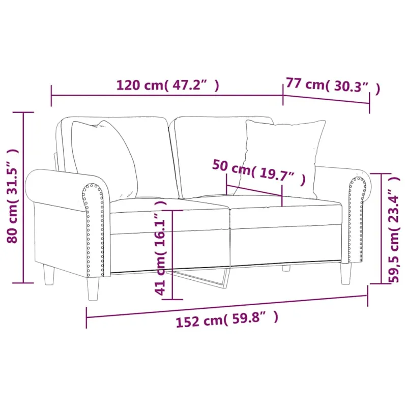 Dvivietė sofa su pagalvėmis, šviesiai pilka, 120cm, aksomas