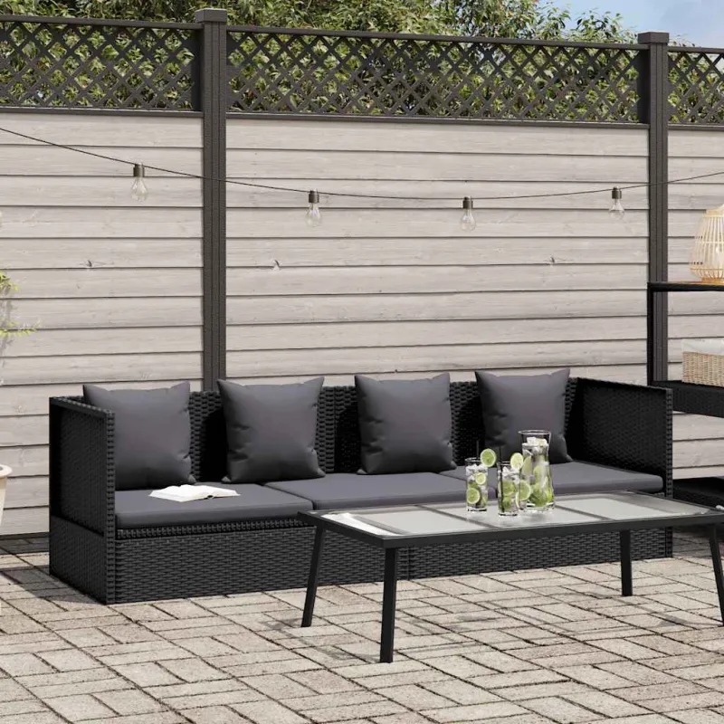 Sodo sofa su pagalvėlėmis ir pagalvėmis, juoda, poliratanas