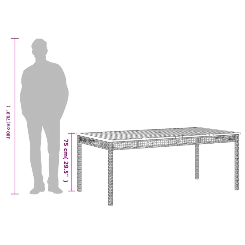 Sodo pöytätaso, harmaa, 180x90x75cm, polyrattani ja akasia