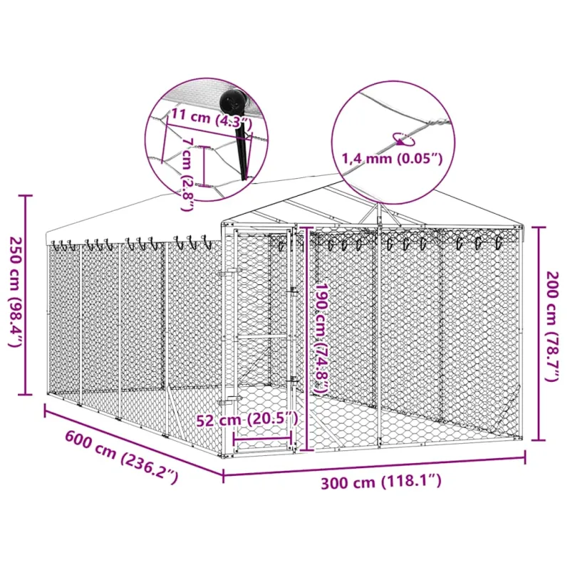 Lauko voljeras šunims su stogu, sidabrinis, 3x6x2,5m, plienas