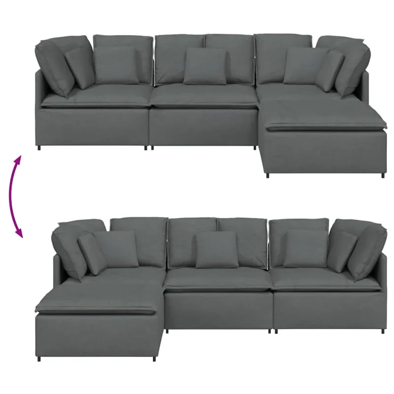 Modulinė sofa su pakoja ir pagalvėlėmis, audinys, tamsiai pilka