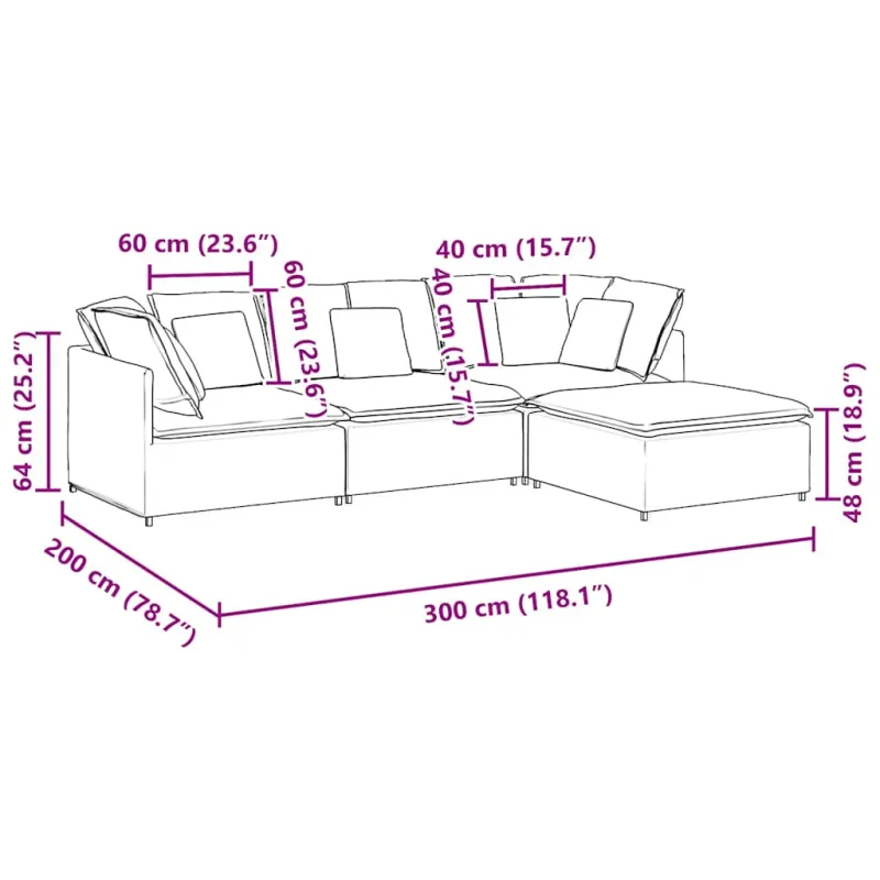 Modulinė sofa su pakoja ir pagalvėlėmis, audinys, tamsiai pilka