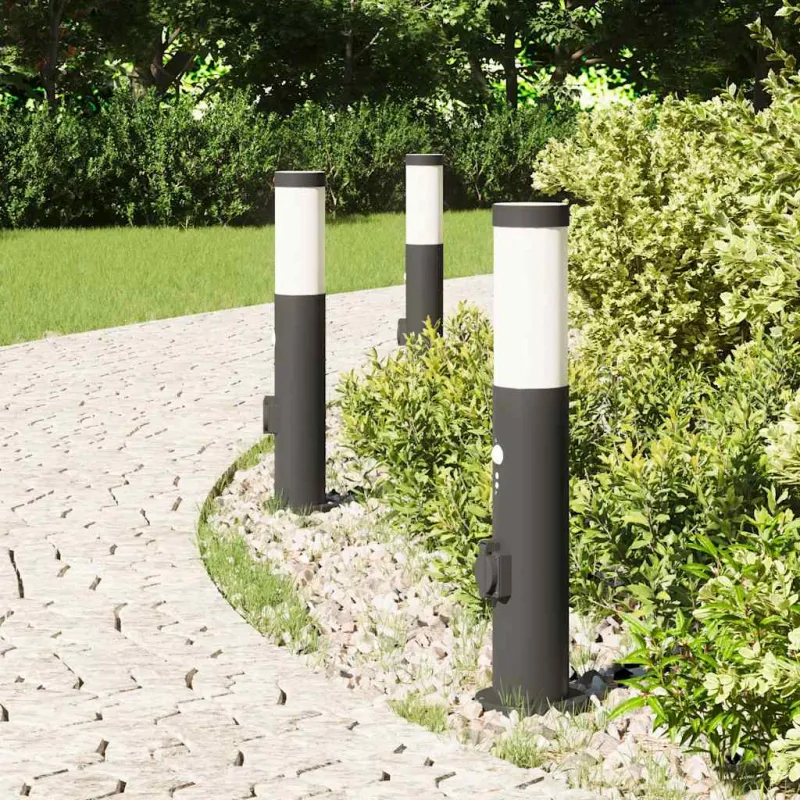 Apšvietimo stulpeliai su jutikliu ir lizdu, 3 vnt., 50 cm, nerūdijantis plienas, IP44