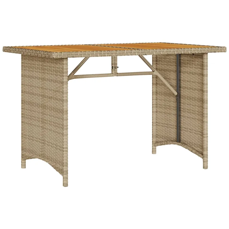 Pöytä puisella puupinnalla, hiekanvärinen, 110x68x70cm, polyrattana
