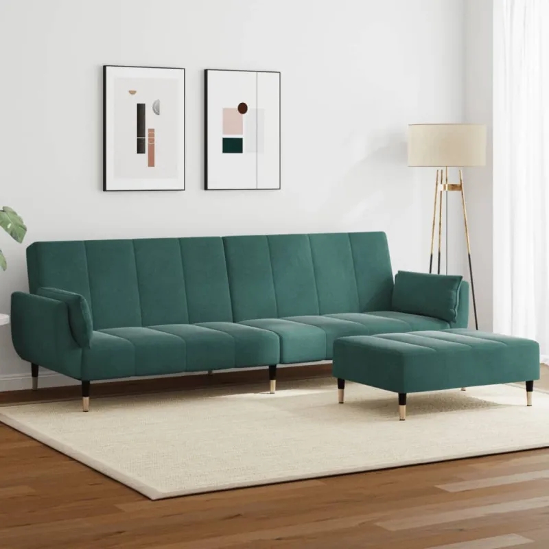 Dvivietė sofa-lova su pakoja, tamsiai žalios spalvos, aksomas