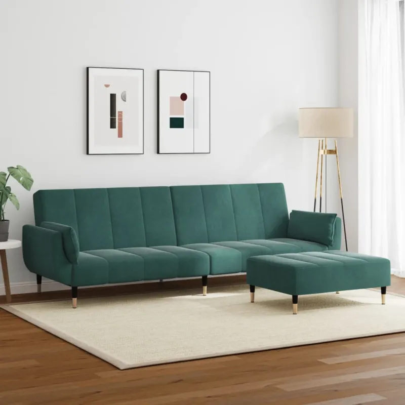 Dvivietė sofa-lova su pakoja, tamsiai žalios spalvos, aksomas