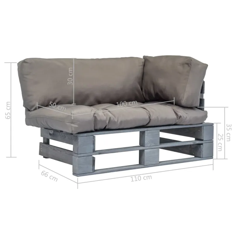 Sodo sofa iš palečių su pilkomis pagalvėlėmis, pušies mediena