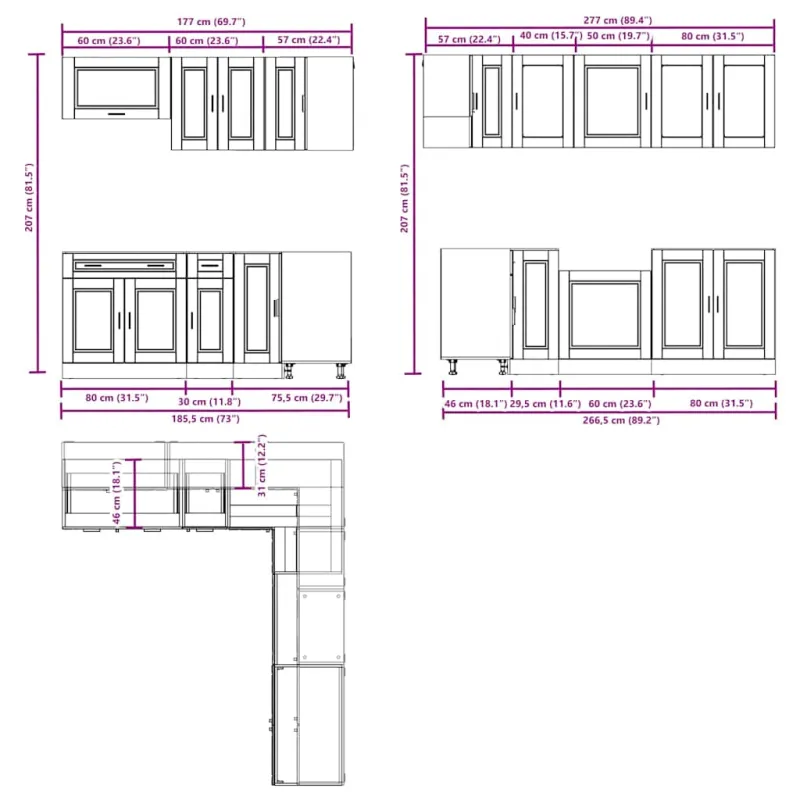 Virtuvinių spintelių komplektas, 11 dalių, Porto, betono pilka