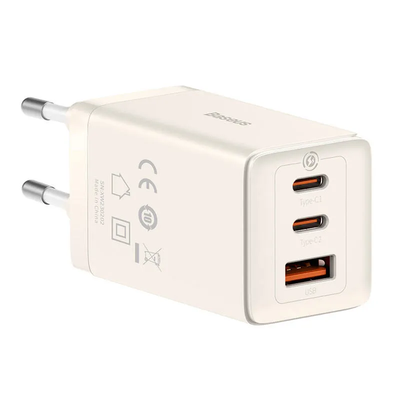 Wall charger Baseus GaN5 2x USB-C + USB, 65W + cable 1m (white) universal