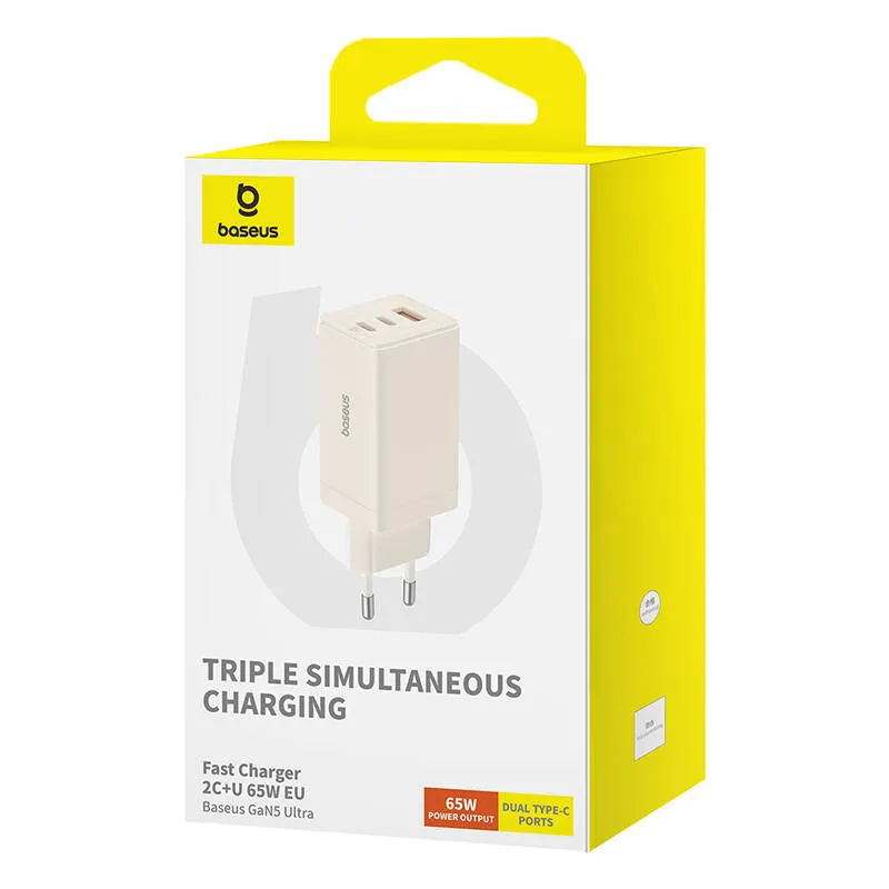 Wall charger Baseus GaN5 2x USB-C + USB, 65W + cable 1m (white) universal