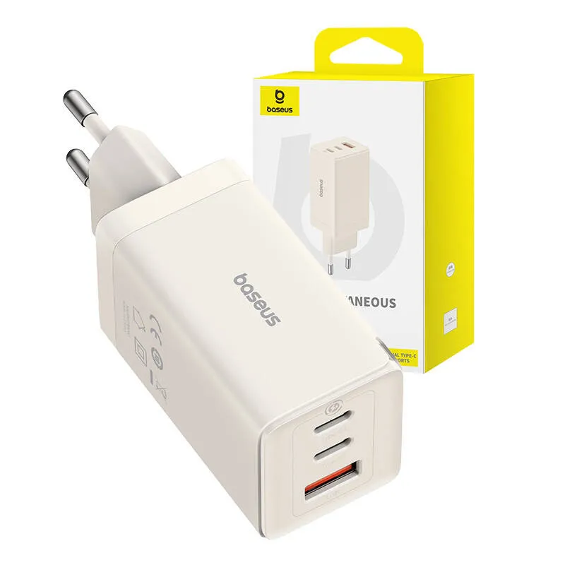 Wall charger Baseus GaN5 2x USB-C + USB, 65W + cable 1m (white) universal