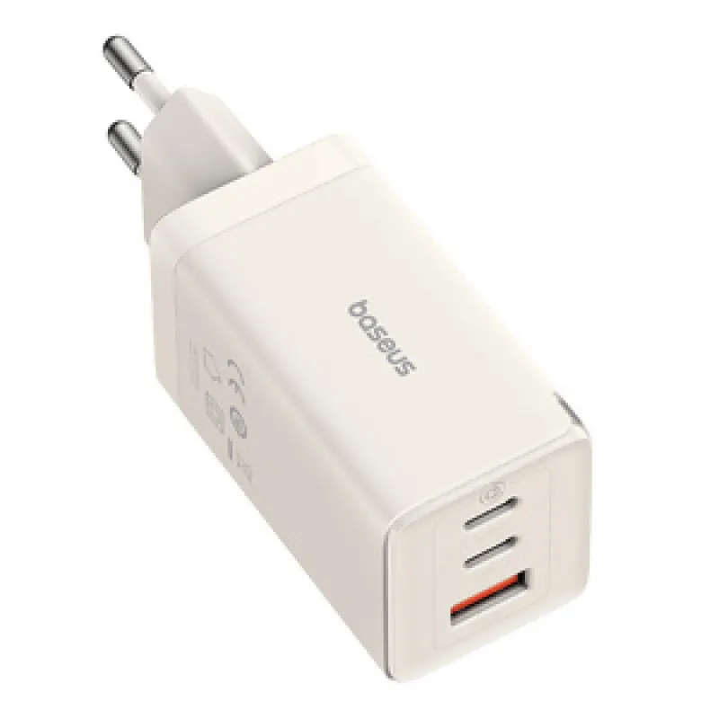 Wall charger Baseus GaN5 2x USB-C + USB, 65W + cable 1m (white) universal