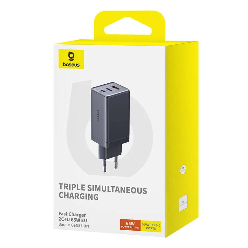 Wall charger Baseus GaN5 2x USB-C + USB, 65W + cable 1m (grey) universal