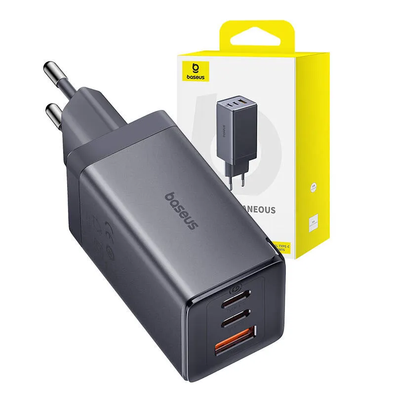 Wall charger Baseus GaN5 2x USB-C + USB, 65W + cable 1m (grey) universal