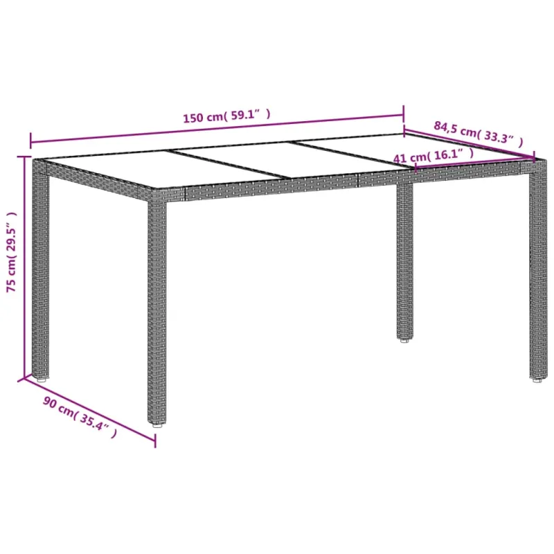 Pöytä lasipintaisella kansilla, harmaa, 150x90x75cm, rattan
