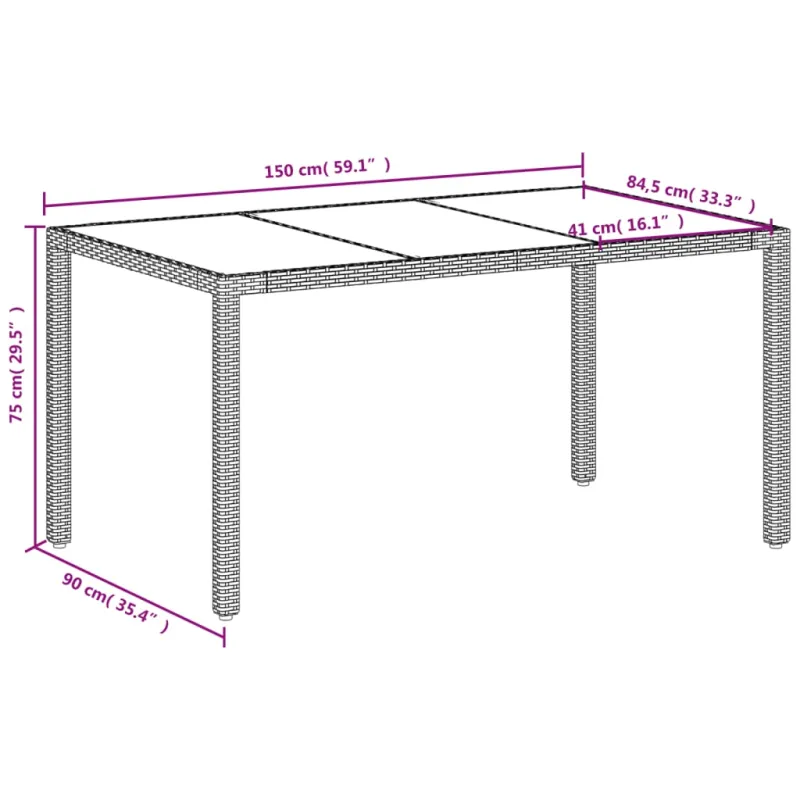 Pöytä lasipintaisella pöytätasolla, valkoinen, 150x90x75cm, rattan
