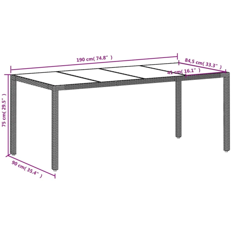 Lautastaso lasikattomalla pinnalla, harmaa, 190x90x75 cm, polyrattana
