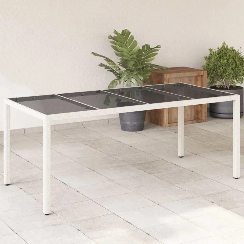 Pöytä lasipintaisella, valkoinen, 190x90x75 cm, polyrattana