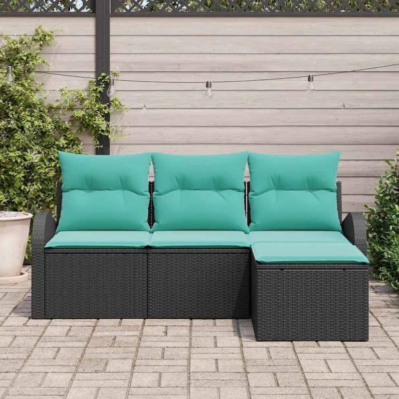 Sofos komplektas su pagalve 4 pcs Juoda ir turkio poliratanas