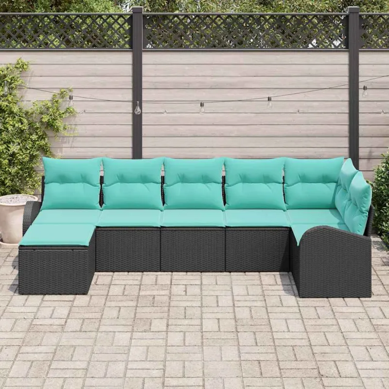 Sofos komplektas su pagalve 7 pcs Juoda ir turkio poliratanas