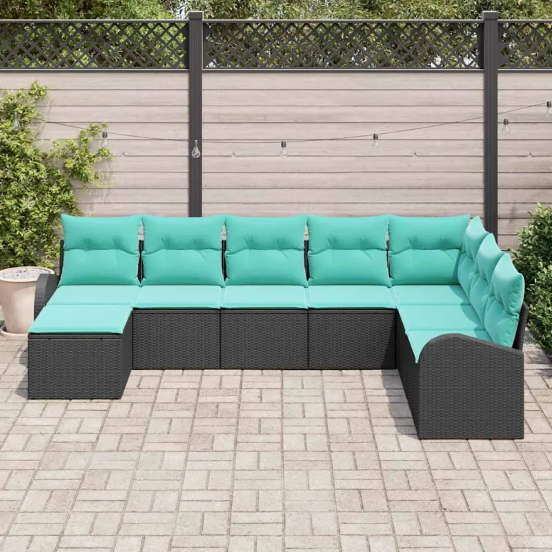 Sofos komplektas su pagalve 8 pcs Juoda ir turkio poliratanas
