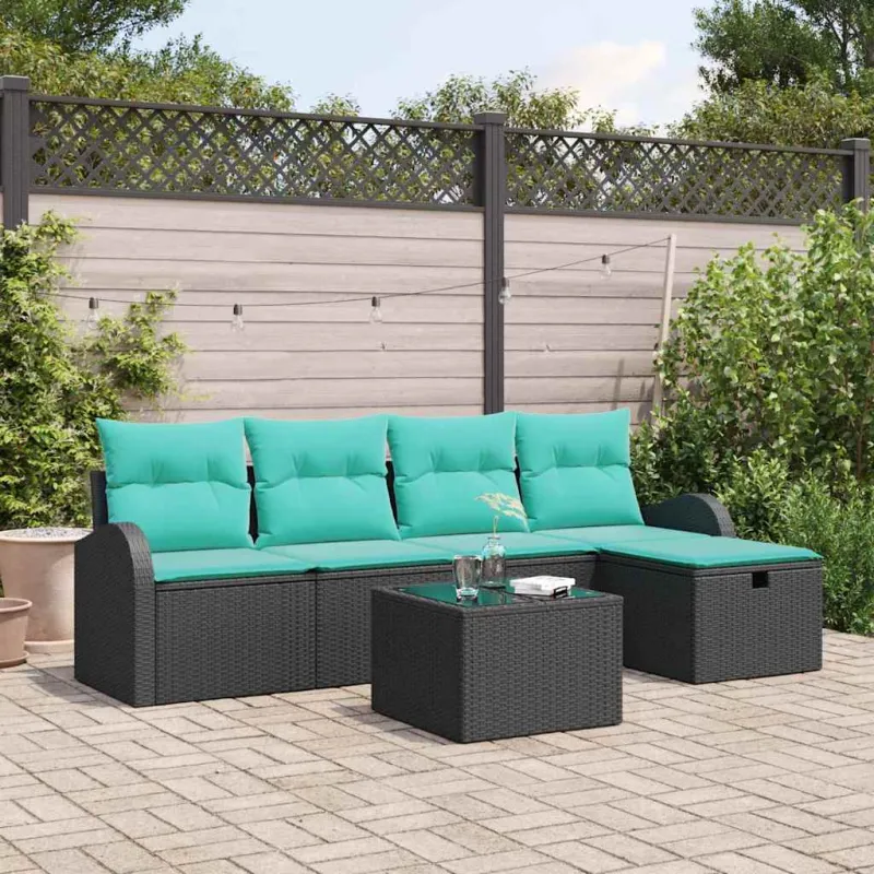 Sodo Sofų Rinkinys su pagalve 6 pcs Juoda Poli ratanas