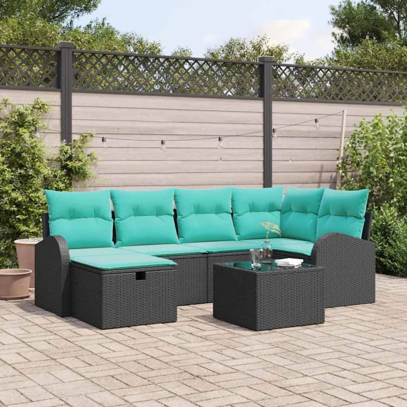 Sodo Sofų Rinkinys su pagalve 7 pcs Juoda Poli ratanas