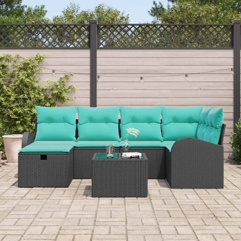 Sodo Sofų Rinkinys su pagalve 7 pcs Juoda Poli ratanas