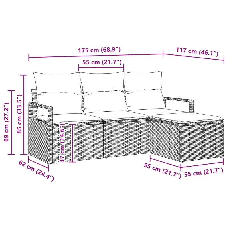 Sodo Sofų Rinkinys su pagalve 4 pcs Ruda poliratanas