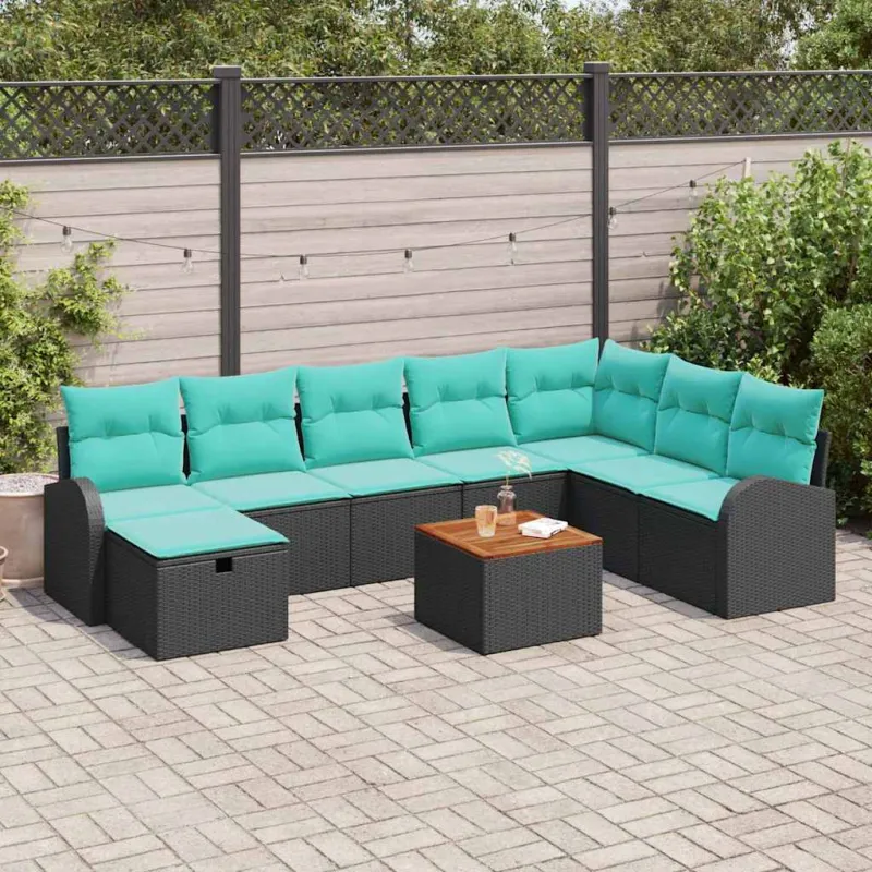 Sodo Sofų Rinkinys su pagalve 9 pcs Juoda Poli ratanas