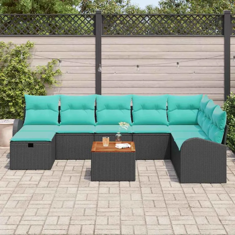 Sodo Sofų Rinkinys su pagalve 9 pcs Juoda Poli ratanas