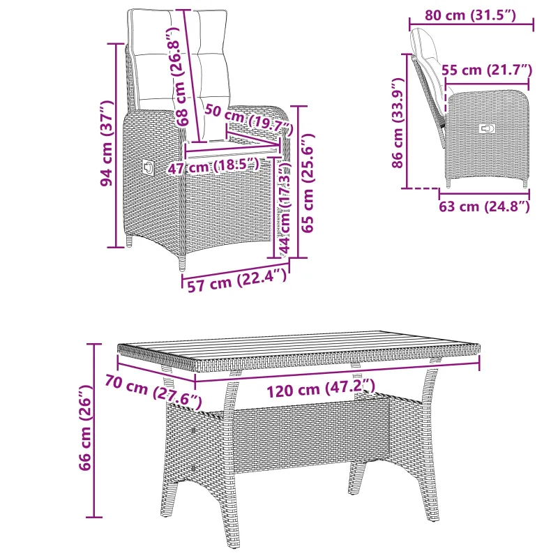 Lauko valgomojo komplektas 3 pcs Juoda ir turkio poliratanas