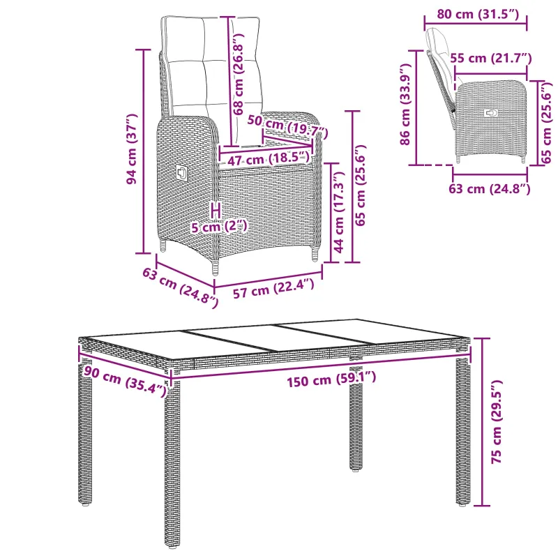 Lauko valgomojo komplektas 7 pcs poliratanas