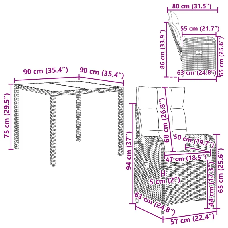 Lauko valgomojo komplektas 3 pcs poliratanas