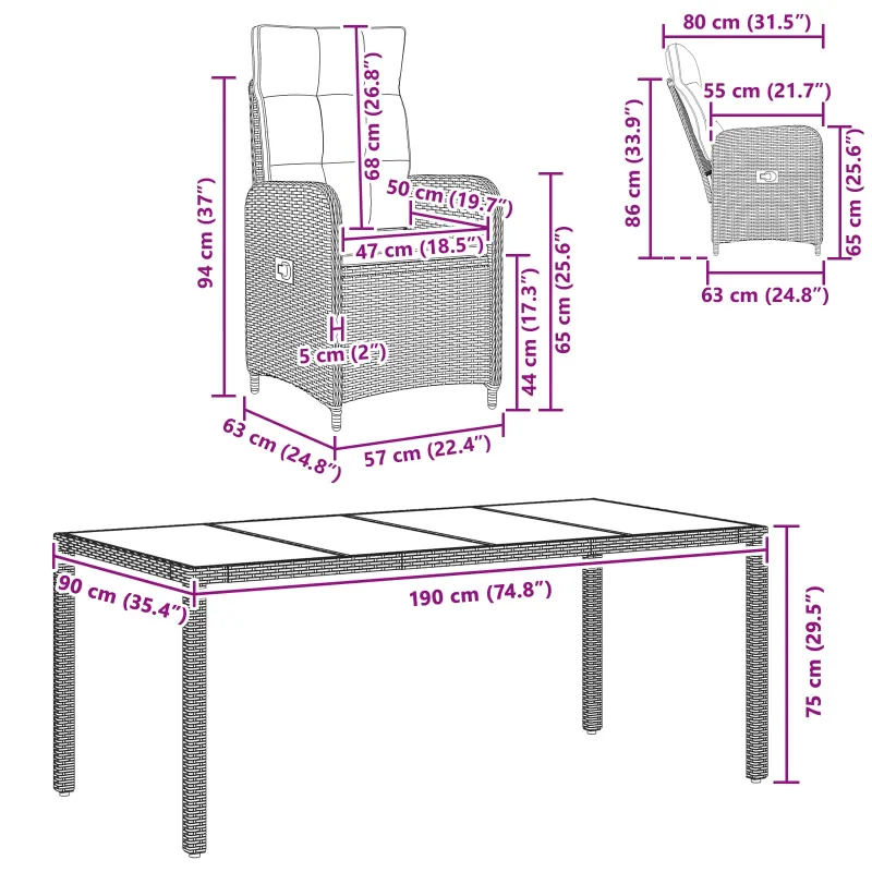 Lauko valgomojo komplektas 7 pcs poliratanas