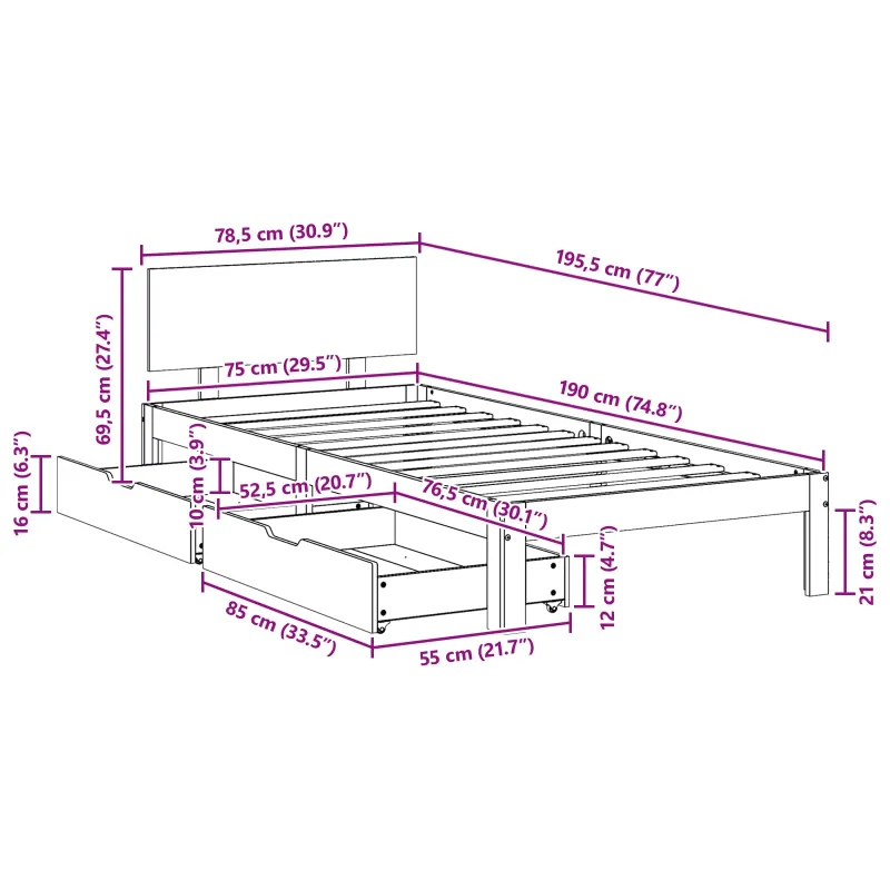 Lovos rėmas Vaško ruda 70 x 190 cm Kietas pušies medis