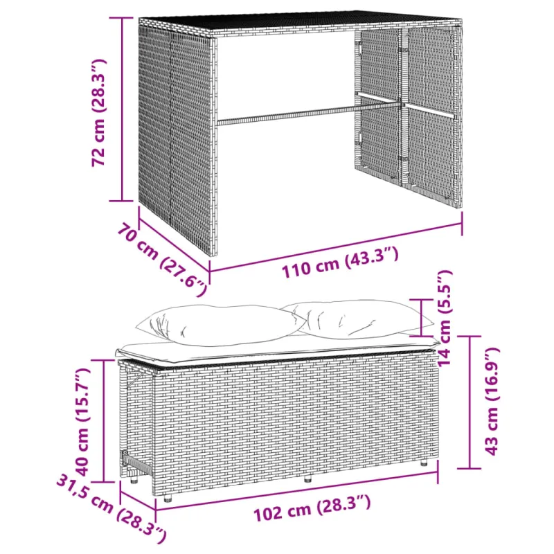 Sodo kompletti, johon sisältyy tyynyt, 3-osainen, musta, polyrattana