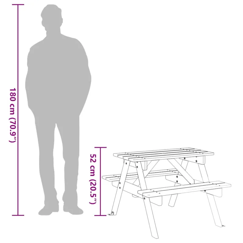 Retkikeittiön pöytä 4 lapselle, reiällä sateenvarjolle, kuusipuuta massiivipuuta
