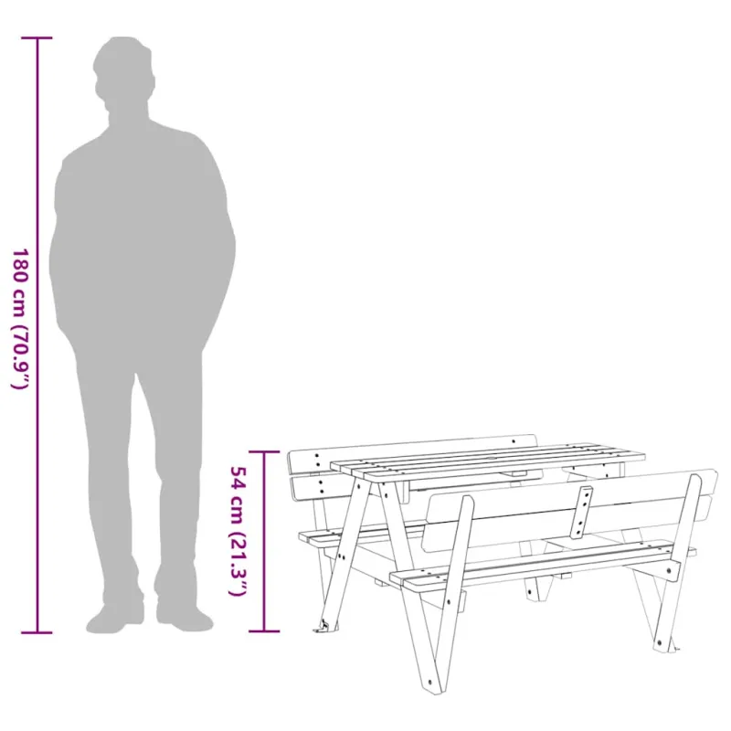 Retkikeittiön pöytä 4 lapselle, reiällä sateenvarjolle, kuusipuuta massiivipuuta