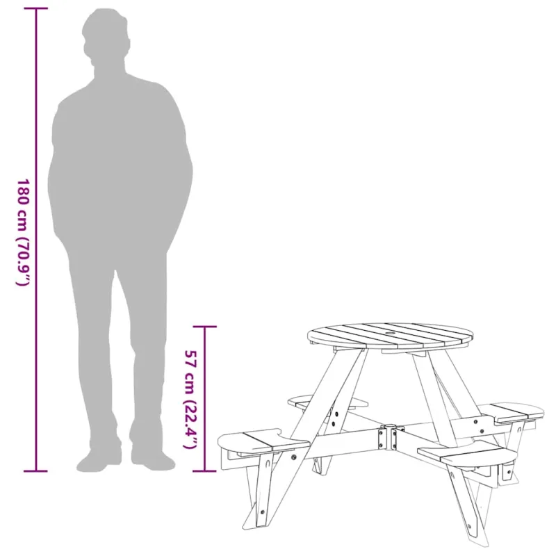 Retkikeittiön pöytä 4 lapselle, varjostimella, kuusipuuta, pyöreä