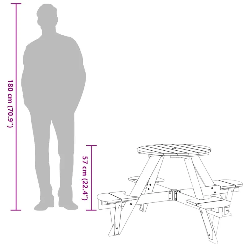 Retkikeittiön pöytä 4 lapselle, varjostimella, kuusipuuta, pyöreä