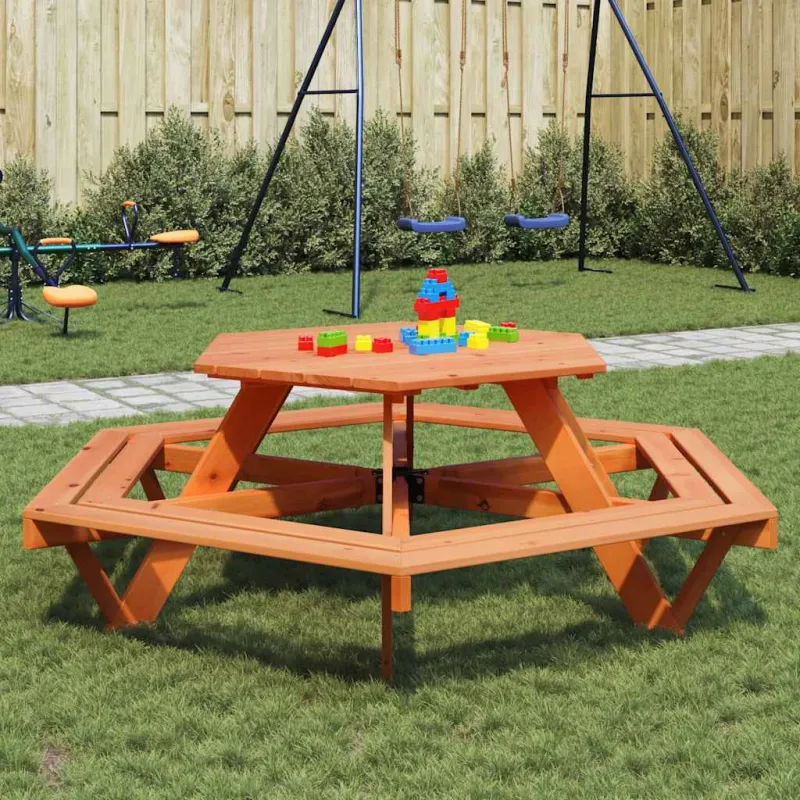 Retkikeittiön pöytä 6 lapselle, mäntypuuta, kuusikulmainen