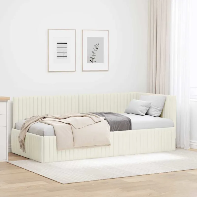 Kampinė lovos konstrukcija Kreminė 90 cm x 190 cm Aksomas
