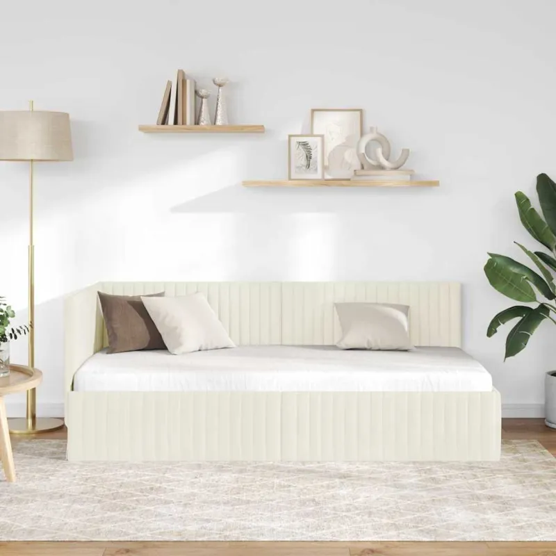 Kampinė lovos konstrukcija Kreminė 90 cm x 190 cm Aksomas