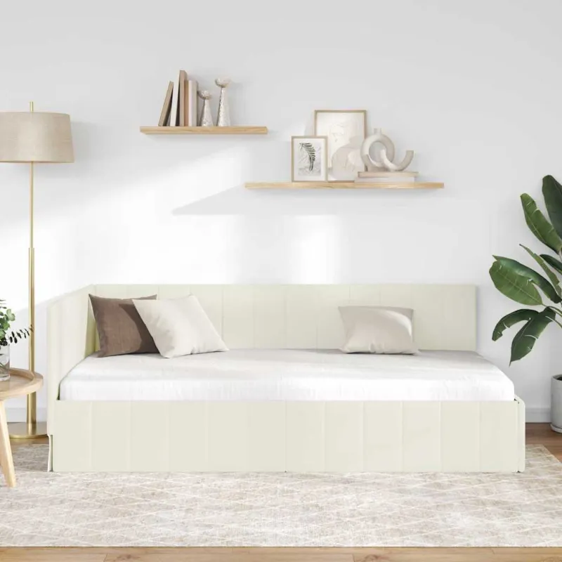 Kampinė lovos konstrukcija Kreminė 90 cm x 190 cm Aksomas