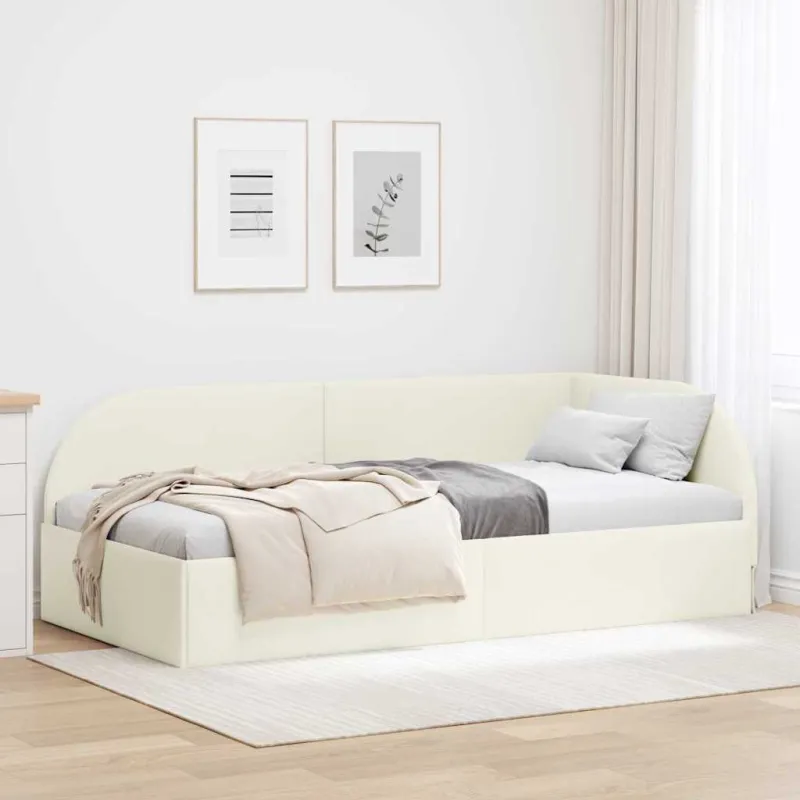 Kampinė lovos konstrukcija Kreminė 90 cm x 200 cm Aksomas